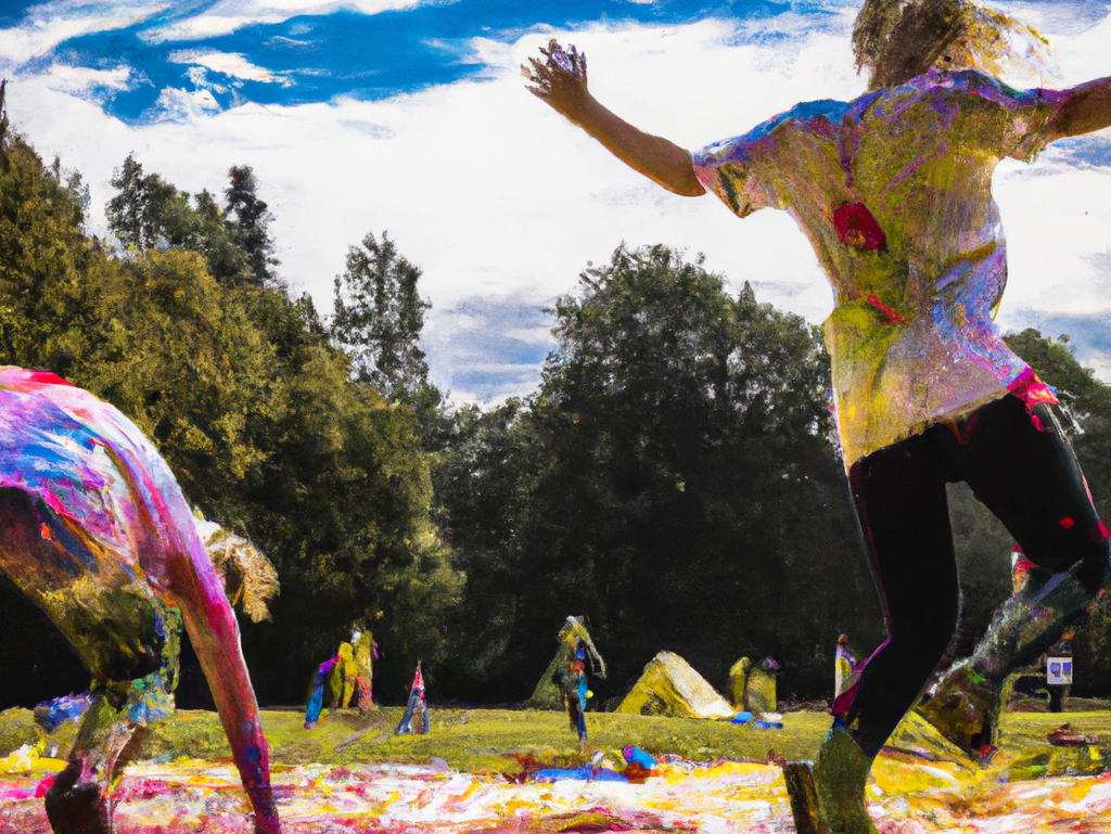 Dall E „Kinder machen Actionpainting und hüpfen in die Luft“