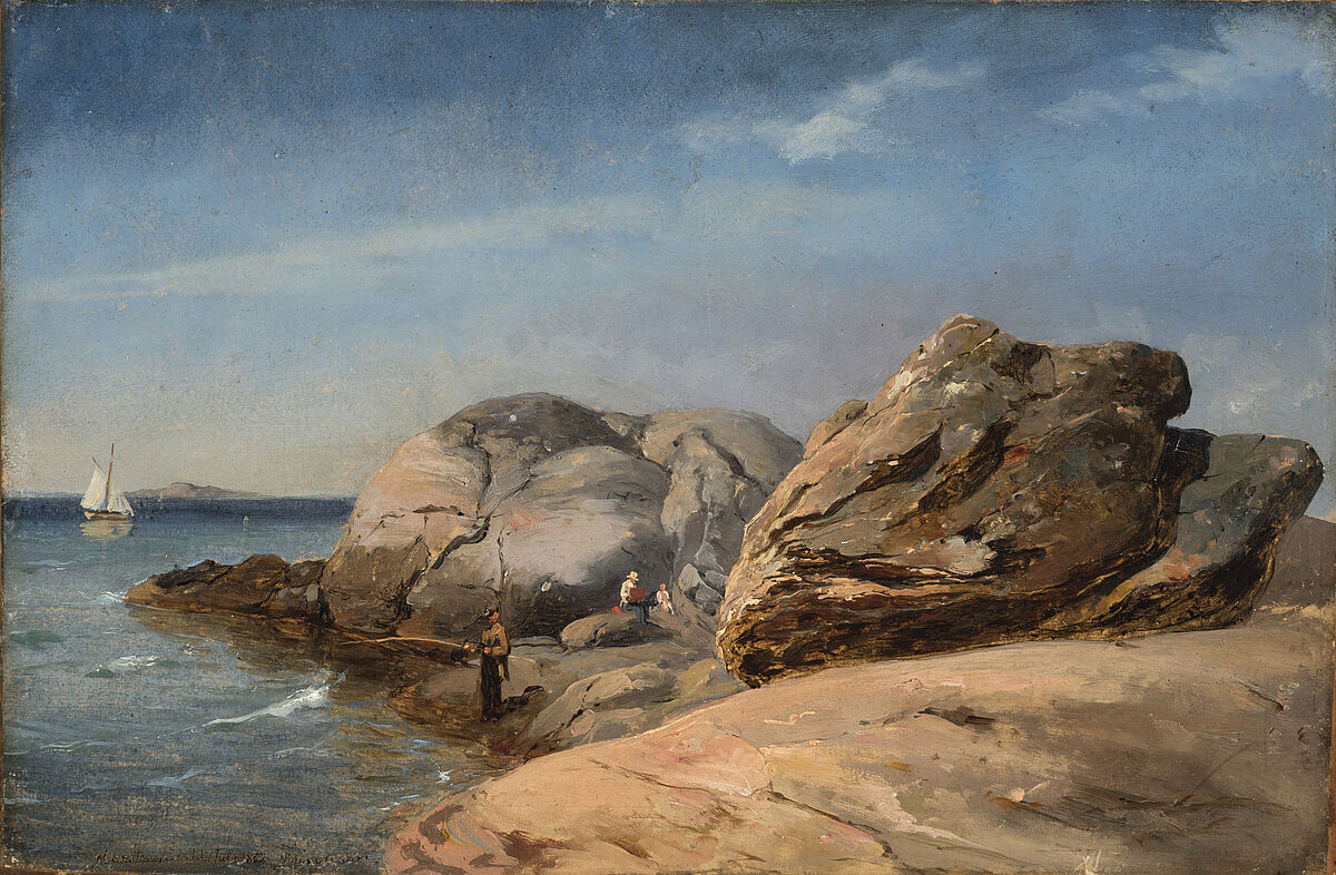 Carl Frederik Sørensen, An der Küste bei Marstrand in Schweden, 1852, Öl auf Karton, 28 x 40 cm. Staatliches Museum Schwerin/Ludwigslust/Güstrow, Schenkung Christoph Müller im Pommerschen Landesmuseum Greifswald.