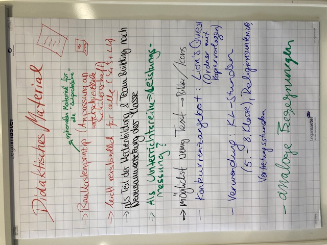 Foto einer Flipchart-Seite mit folgendem Text: Überschrift: Didaktisches Material. Darunter eine Liste mit folgenden Punkten: 1. Baukastenprinzip (optionales Material für alle "Zeitprobleme") (Anpassung an unterschiedliche Schülerschaft); 2. leicht verständlich für alle (SuS + LK); 3. als Teil der Medienbildung & Teambuilding nach Neuzusammensetzung der Klasse; 4. Als Unterrichtsreihe (Leistungsmessung); 5. möglichst wenig Text (Bilder, Icons); 6. Konkurrenzangebot (Lion's Quest, Ordner mit Kopiervorlagen); 7. Verwendung KL-Stunden (5.-8. Klasse), Religionsunterricht, Vertretungsstunden; 8. analoge Begegnungen
