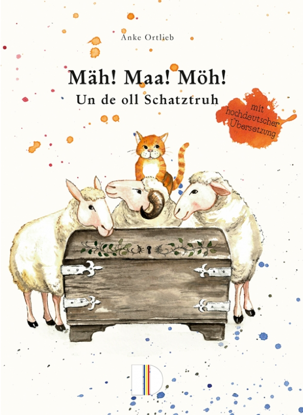 Buchcover Mäh! Maa! Möh! 2 . Drei Schafe stehen um eine Schatztruhe herum. Eine Katze sitzt drauf.