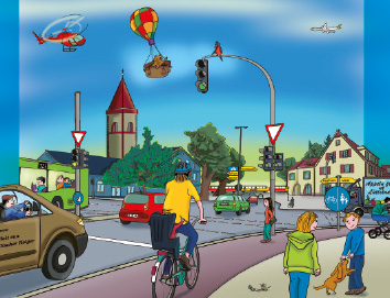 Paul und Emma warten an einer belebten Kreuzung. Neben Autos und Fahrrädern auf der Straße sind auch verschiedene Beförderungsmittel am Himmel gezeichnet.
