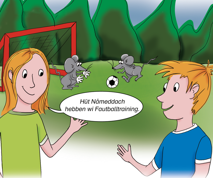 Emma erinnert Paul an das Fußballtraining am Nachmittag. Im Hintergrund spielen zwei Mäuse Fußball.